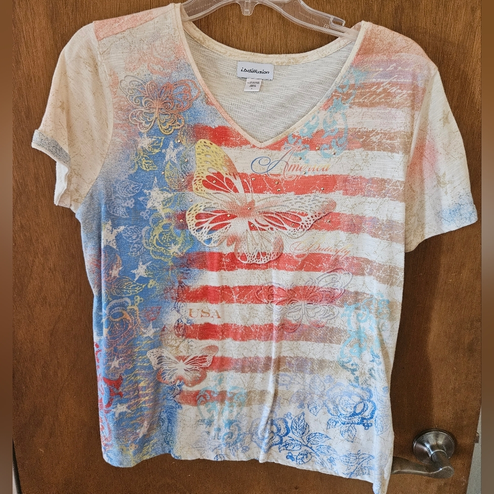 i.b.diffusion Shirt Butterfly American Flag Rhinestones Cotton Large